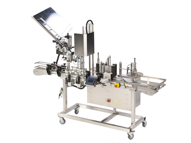 Automatische Etikettier- und Aufpressmaschine für zylinderförmige Produkte - Modell Essentiel
